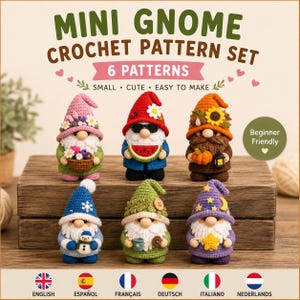 Puede incluir: Un conjunto de seis mini gnomos de ganchillo con temas variados que incluyen flores, sandía, calabaza, muñeco de nieve, taza de café y estrellas. El texto dice MINI GNOME CROCHET PATTERN SET, 6 PATTERNS, SMALL, CUTE, EASY TO MAKE y Beginner Friendly.