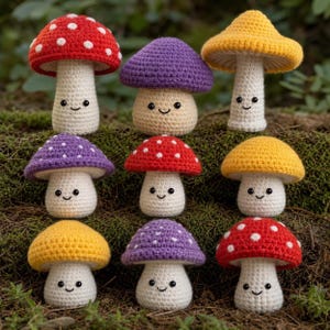 Puede incluir: Una colección de setas de ganchillo hechas a mano en varios colores, incluyendo rojo, amarillo y morado. Cada seta tiene una cara sonriente y puntos blancos en los sombreros. Estas decoraciones caprichosas son perfectas para añadir un toque de naturaleza.