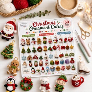 May include: A crochet pattern bundle titled Christmas Ornament Cuties featuring 50 patterns for festive ornaments. The display card shows images of various crocheted figures, including a Santa, reindeer, snowman, and tree, surrounded by physical crochet ornaments.