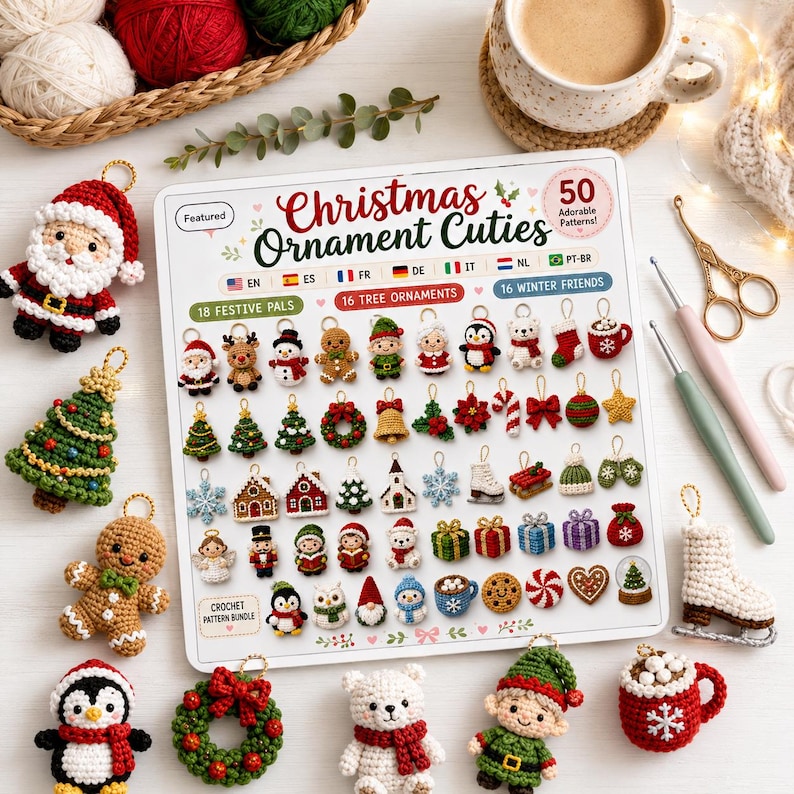 May include: A crochet pattern bundle titled Christmas Ornament Cuties featuring 50 patterns for festive ornaments. The display card shows images of various crocheted figures, including a Santa, reindeer, snowman, and tree, surrounded by physical crochet ornaments.