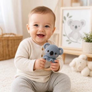 May include: A smiling baby holds a blue crochet koala rattle with a wooden ring. The koala has black eyes and a black nose. The baby is wearing a cream-colored long-sleeved shirt and gray pants. A koala picture is in the background.