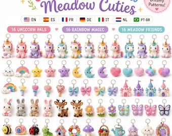 May include: A digital display of 48 crochet patterns titled Unicorn Rainbow Meadow Cuties, featuring various amigurumi keychains including unicorns, stars, moons, hearts, bows, castles, bunnies, deer, flowers, butterflies, insects, and garden items.