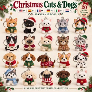Puede incluir: Una colección de 20 mini llaveros de ganchillo con gatos y perros vestidos con trajes navideños. El conjunto incluye varias razas y colores, cada uno con una anilla metálica. El texto dice Christmas Cats & Dogs.