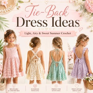 May include: A collage of four crochet dresses in pastel pink, cream, mint green, and lavender. The text reads Tie-Back Dress Ideas, Light, Airy & Sweet Summer Crochet, Breathable & Comfortable, Handmade With Love, Perfect For Sunny Days, Sweet Details She'll Love.