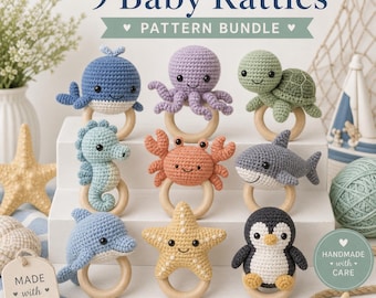 9-in-1 Ocean Baby Rattle Pattern Bundle: Kawaii Sea Animals Crochet eBook - Nautical Wooden Teether Amigurumi Toys (PDF Digital Download)
