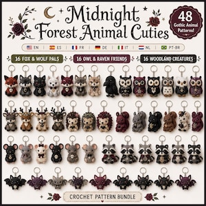 Op de afbeelding: Een digitale collectie van 48 haakpatronen genaamd Midnight Forest Animal Cuties, met afbeeldingen van diverse kleine, donker gethematiseerde dierensleutelhangers, waaronder vossen, wolven, uilen, raven, egels, eekhoorns, muizen, wasberen en vleermuizen.