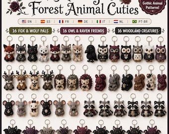 48 Gothic Animal Crochet Patterns, Woodland Amigurumi Keychains, Owl Fox Bat Raccoon Digital PD