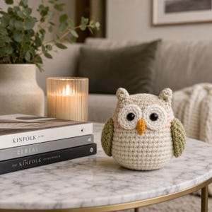 Puede incluir: Una figura de b&uacute;ho de ganchillo con grandes ojos negros, pico naranja y alas verdes. El b&uacute;ho es beige y est&aacute; sobre una mesa con tapa de m&aacute;rmol. Una vela encendida y libros en el fondo, creando una escena acogedora.