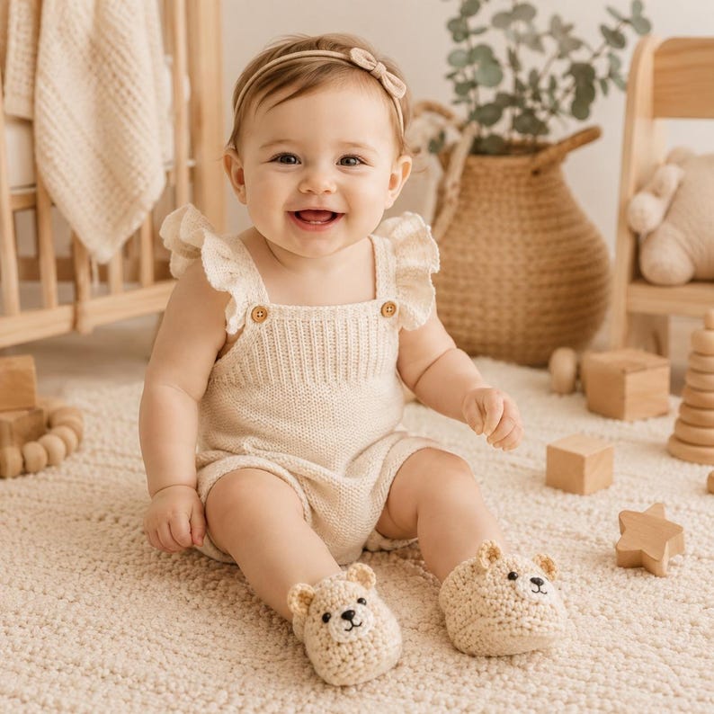 May include: A cream-colored knit romper with ruffled shoulder straps and two small wooden buttons at the chest. The outfit is paired with matching cream-colored crochet booties featuring a bear face design with ears, eyes, and a stitched nose.