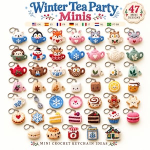 May include: A collection of 47 crochet keychains titled Winter Tea Party Minis, featuring various miniature designs including animals in cups, teapots, tea bags, pastries, and holiday-themed items, each attached to a silver metal keyring.