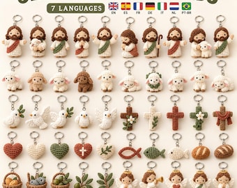 May include: A collection of crochet keychains featuring figures of Jesus, lambs, doves, crosses, hearts, fish, bread, baskets, and angels. The text at the top reads JESUS & LITTLE LAMBS and at the bottom TINY CROCHET COLLECTION.