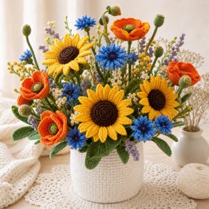 Pode incluir: Um arranjo floral de crochê artesanal em um vaso branco. O buquê apresenta girassóis amarelos, papoulas laranja, centáureas azuis e folhas verdes. O vaso está sobre uma toalha de crochê branca, criando uma estética charmosa e artesanal.