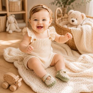 May include: A cream-colored knit romper featuring ruffled shoulder straps and two small wooden buttons at the chest. The outfit is paired with sage green and cream-colored crocheted baby shoes that have a single strap and a small wooden button.
