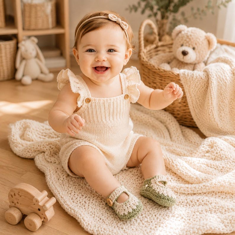 May include: A cream-colored knit romper featuring ruffled shoulder straps and two small wooden buttons at the chest. The outfit is paired with sage green and cream-colored crocheted baby shoes that have a single strap and a small wooden button.