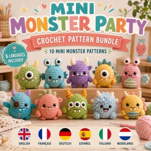 Może przedstawiać: Zestaw wzorów szydełkowych pod tytułem MINI MONSTER PARTY zawierający 10 wzorów mini potworów. Obraz przedstawia 10 małych, kolorowych, szydełkowanych pluszowych potworów z różnymi cechami, takimi jak rogi, wiele oczu i teksturowana włóczka.