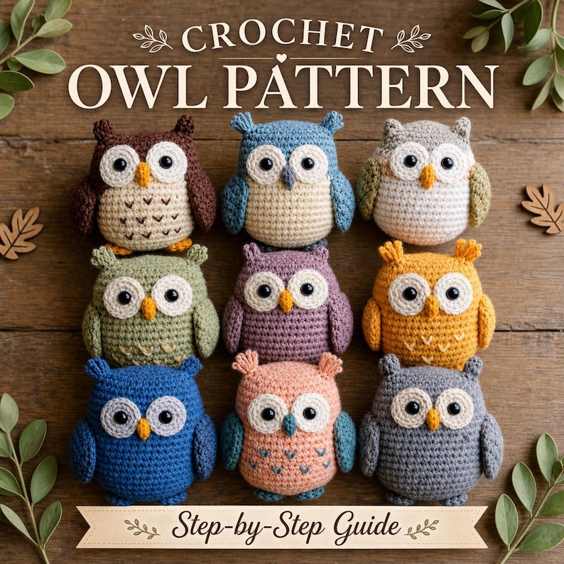 Puede incluir: Nueve patrones de b&uacute;hos de ganchillo de colores, incluyendo marr&oacute;n, azul, verde, morado y naranja. Los b&uacute;hos tienen ojos grandes y est&aacute;n dispuestos sobre una superficie de madera. Se muestra el texto "CROCHET OWL PATTERN" y "Step-by-Step Guide".