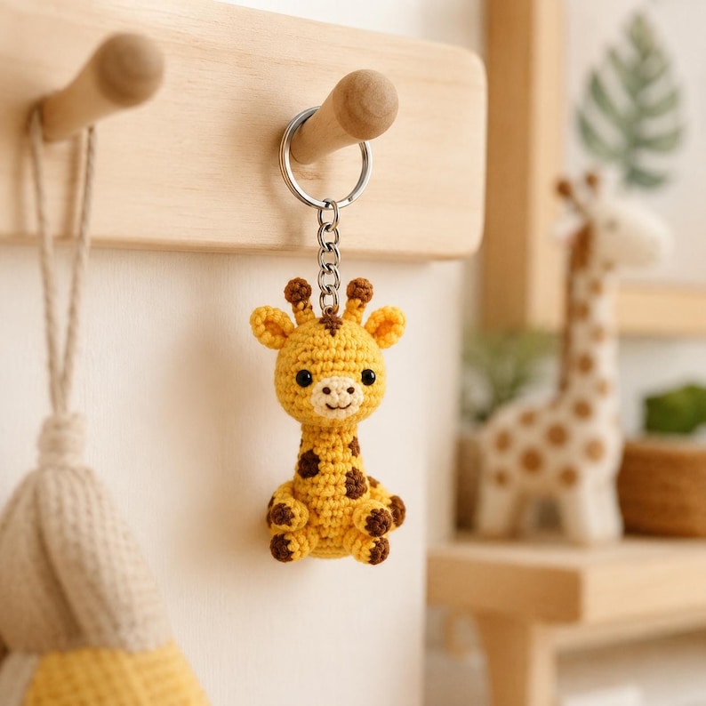 May include: A small, handmade crochet giraffe keychain featuring a yellow body with brown spots, a light-colored muzzle, and two small horns. The plush giraffe is attached to a silver-toned metal split ring by a short chain, hanging vertically.
