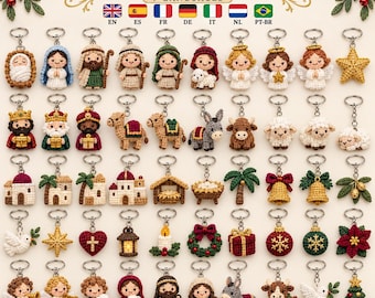 May include: A collection of tiny crochet keychains featuring various Christmas and nativity-themed figures, including angels, animals, stars, and holiday symbols. The image includes the text 'JESUS CHRISTMAS CHARMS' and 'TINY CROCHET COLLECTION'.