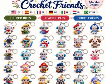 Robot Crochet Pattern Bundle: 30 Mini Amigurumi Keychain Designs, Digital PDF