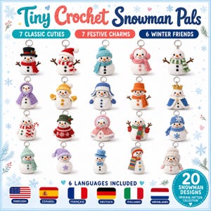 Może przedstawiać: Kolekcja 20 małych szydełkowych breloczków w kształcie bałwanków z różnymi czapkami, szalikami i akcesoriami. Tekst głosi Tiny Crochet Snowman Pals, 7 Classic Cuties, 7 Festive Charms, 6 Winter Friends oraz 20 Snowman Designs Original Pattern Collection.