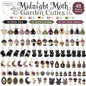 Puede incluir: Una colección de 48 llaveros de ganchillo con Midnight Moth Garden Cuties, que incluye polillas, setas, cuervos, gatos, lunas, ramos de flores, frascos de pociones, linternas, caracoles, corazones y diseños botánicos enmarcados en varios colores.