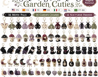 Gothic Crochet Pattern Bundle, 48 Mini Moth Mushroom Cat Raven Keychain Patterns, Amigurumi PDF