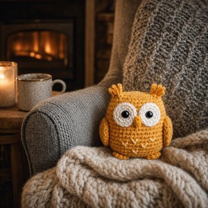 Puede incluir: Un b&uacute;ho de ganchillo amarillo mostaza hecho a mano, con grandes ojos blancos y negros, est&aacute; sentado en un sill&oacute;n gris. El b&uacute;ho est&aacute; posado sobre una manta de punto de cable crema. Una vela encendida y una taza son visibles en el fondo.