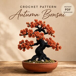 Può includere: Un modello all'uncinetto per un bonsai autunnale. Il bonsai presenta un tronco e rami neri con fiori arancioni vivaci. È in un vaso di terracotta con muschio verde e piccole pietre. Le parole "CROCHET PATTERN" e "Autumn Bonsai" sono visualizzate.