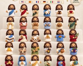 May include: A collection of 30 small crochet amigurumi figures depicting Jesus in various poses and outfits, arranged on a tiered display. The text 'Jesus Crochet Minis' and '30 DESIGNS' is visible at the top, with 'AMIGURUMI COLLECTION' at the bottom.