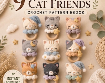 May include: An ebook cover titled 9 Dreamy Cat Friends Crochet Pattern Ebook featuring nine crocheted cat heads attached to wooden rings. Each cat has closed eyes, pastel colors, and small decorative elements like stars, moons, and nightcaps.