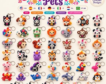 May include: A collection of 47 small crochet animal keychains featuring Dia de los Muertos themes with floral and skeletal patterns. The image displays various creatures including a cat, dog, owl, fish, panda, turtle, and others, each with a metal ring.