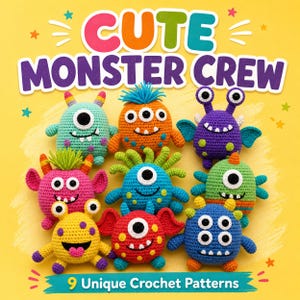 Può includere: Una collezione di nove giocattoli di mostri all'uncinetto colorati con vari disegni, tra cui diverse disposizioni di occhi, corna e capelli. L'immagine presenta il testo "CUTE MONSTER CREW" e "9 Unique Crochet Patterns" su uno sfondo giallo con accenti di stelle.