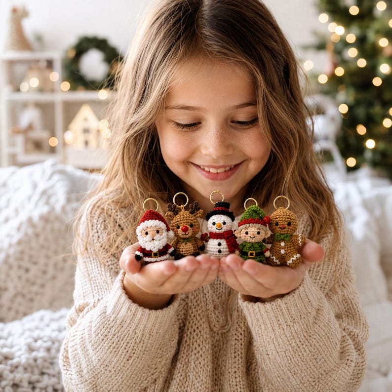 May include: A set of five small crocheted Christmas ornaments featuring a Santa Claus, a reindeer, a snowman, an elf, and a gingerbread person. Each figure is crafted with yarn in festive colors and includes a gold-toned metal ring for hanging.