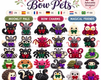 May include: A digital crochet pattern bundle titled Midnight Bow Pets featuring 30 adorable designs of various animals and creatures, each wearing a small bow. The collection includes cats, bats, owls, and more, all displayed as individual icons.