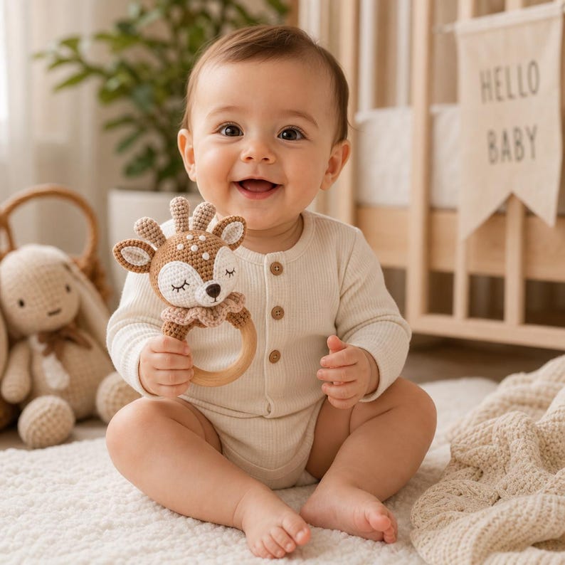 May include: A smiling baby wearing a cream-colored onesie holds a crocheted deer rattle with a wooden ring. The rattle features brown, beige, and white details. A banner with "HELLO BABY" hangs in the background, suggesting a nursery setting.