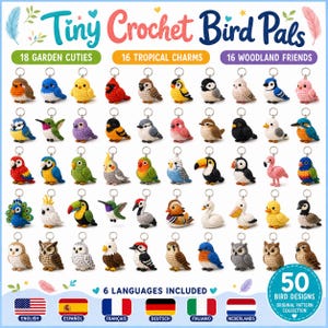 May include: A collection of 50 small, colorful crochet bird keychains displayed in a grid. The image features the text 'Tiny Crochet Bird Pals' and labels for '18 Garden Cuties', '16 Tropical Charms', and '16 Woodland Friends' in English.
