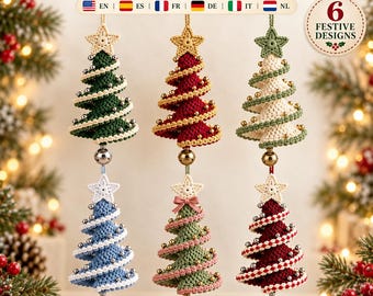 May include: Six spiral Christmas tree ornaments in a crochet ornament collection. Each tree features a star topper, metallic beads along the spiral, and a hanging bell at the base. Colours include dark green, red, cream, blue, sage, and burgundy.