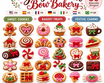 30 Christmas Crochet Patterns PDF Bundle, Gingerbread Bakery Amigurumi, Cookies & Bows, 7 Languages
