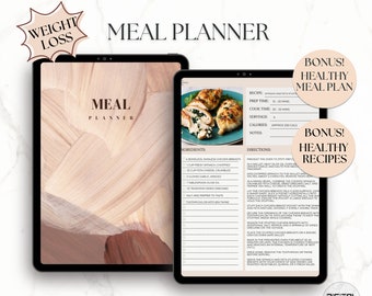 May include: A digital tablet displaying a meal planner with a recipe for spinach and feta stuffed chicken breasts. The recipe includes ingredients, prep time, cook time, servings, calories, and directions. The tablet is on a white marble surface with a pink and brown background.