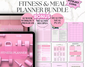Digital Fitness Planner Bundle, Weight Loss Tracker, Meal Planner, Workout Planner, Meal Prep, Wellness Journal, Meal Planning Template