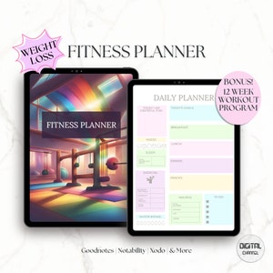 May include: A digital planner template for fitness and weight loss. The template features a colourful gym illustration and a daily planner with sections for goals, mood, sleep, exercise, water intake, macros, and to-do list. The template is compatible with Goodnotes, Notability, Xodo, and more. It also includes a bonus 12-week workout program.