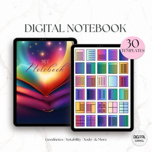 May include: A digital notebook with 30 templates for Goodnotes, Notability, Xodo, and more. The cover features a colorful abstract design with the text "My Notebook".