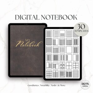 May include: A digital notebook with 30 templates for note-taking apps like Goodnotes, Notability, Xodo, and more. The cover of the notebook is brown with the text "My Notebook" in gold lettering.