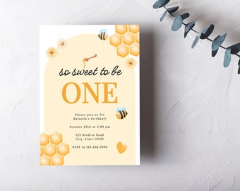1. Geburtstag Einladungsvorlage, erste Geburtstagseinladung, bearbeitbare Honigbiene-Tag einladen, Bienenparty, Sweet to be one, INSTANT DOWNLOAD