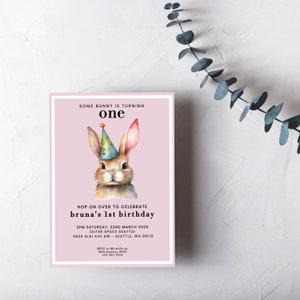 1st Birthday Invitation Template, First Birthday Invite, Editable Bunny Birthday Invite, Bunny Party, INSTANT DOWNLOAD