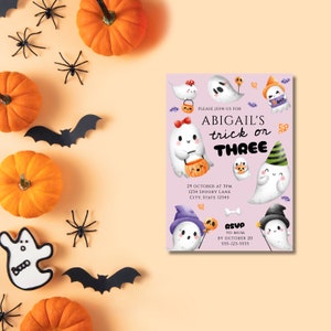 3rd Birthday Invitation Template, Third Birthday Invite, Editable Halloween Birthday Invite, Trick or Treat Three, Ghosts, INSTANT DOWNLOAD