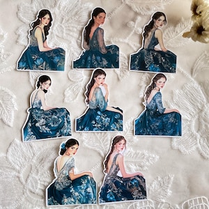 8 pieces vintage ladies in blue dress sticker set / junk journal sticker set / girls fantasy stickers / bullet journal set