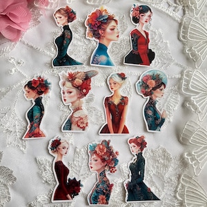 8 pieces romantic girls with floral accessories sticker set / junk journal sticker set / ladies feminine stickers / bullet journal set