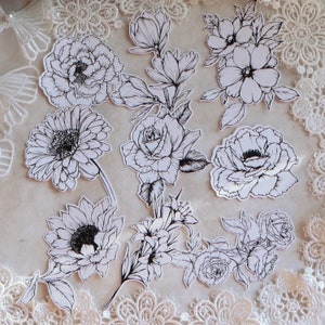 Black and White Flower Stickers: Junk Journal Art, 9 Piece Set