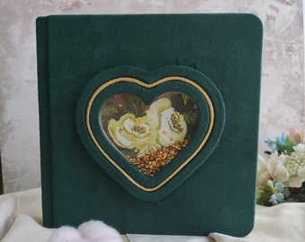 Personalized Emerald Suede Wedding Photo Album, Heart Inlay
